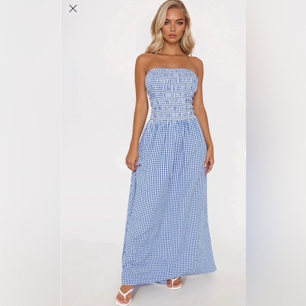 Fashion Nova Strapless Blue Gingham Maxi Dress